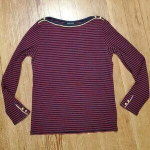 Lauren by Ralph Lauren Boat Neck Top Navy Red Stripes Gold Buttons Size Large